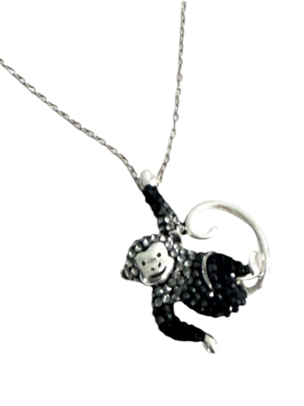 JCM Crystal Monkey Pendant Necklace Sterling Silver Black
